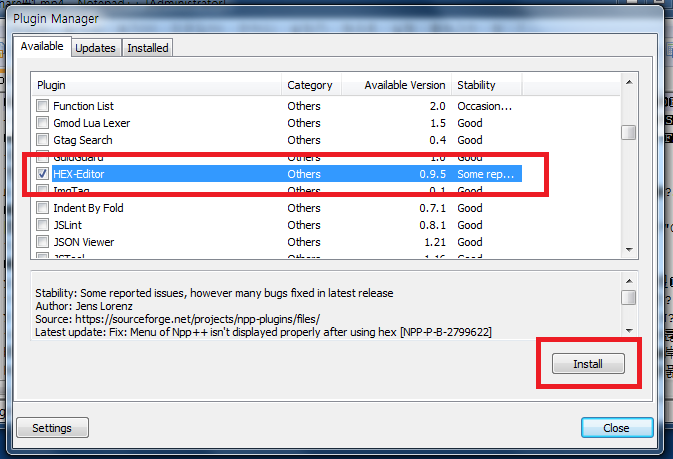 다시 Plugin Manager 창에 돌아와서 플러그인 목록을 보면 HEX-Editor가 나타난다. 이것을 체크한 후 하단의 'Install' 버튼을 클릭하면 설치가 진행된다.